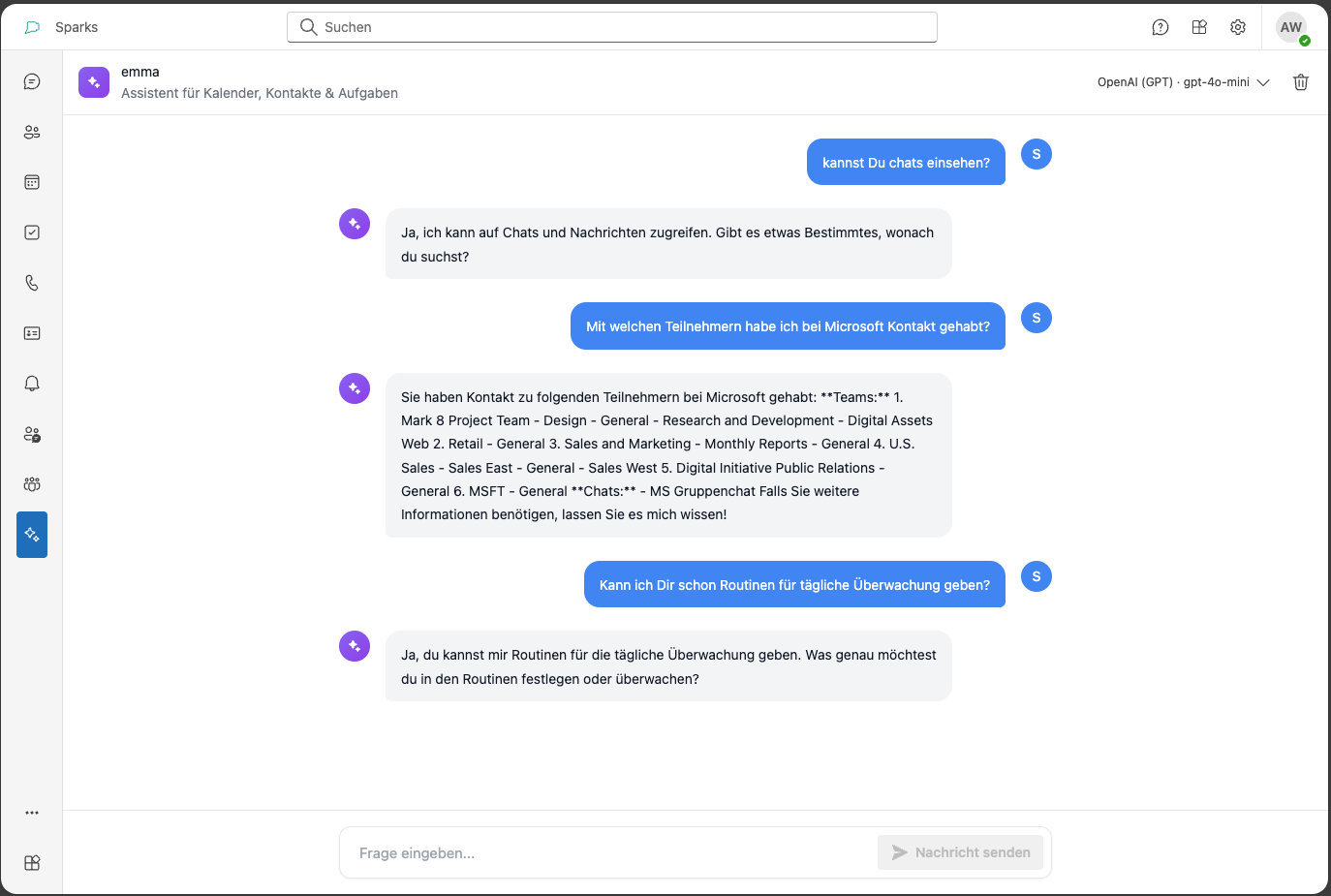 Sparks KI-Agent – Konversation über Kalender, Kontakte und Aufgaben